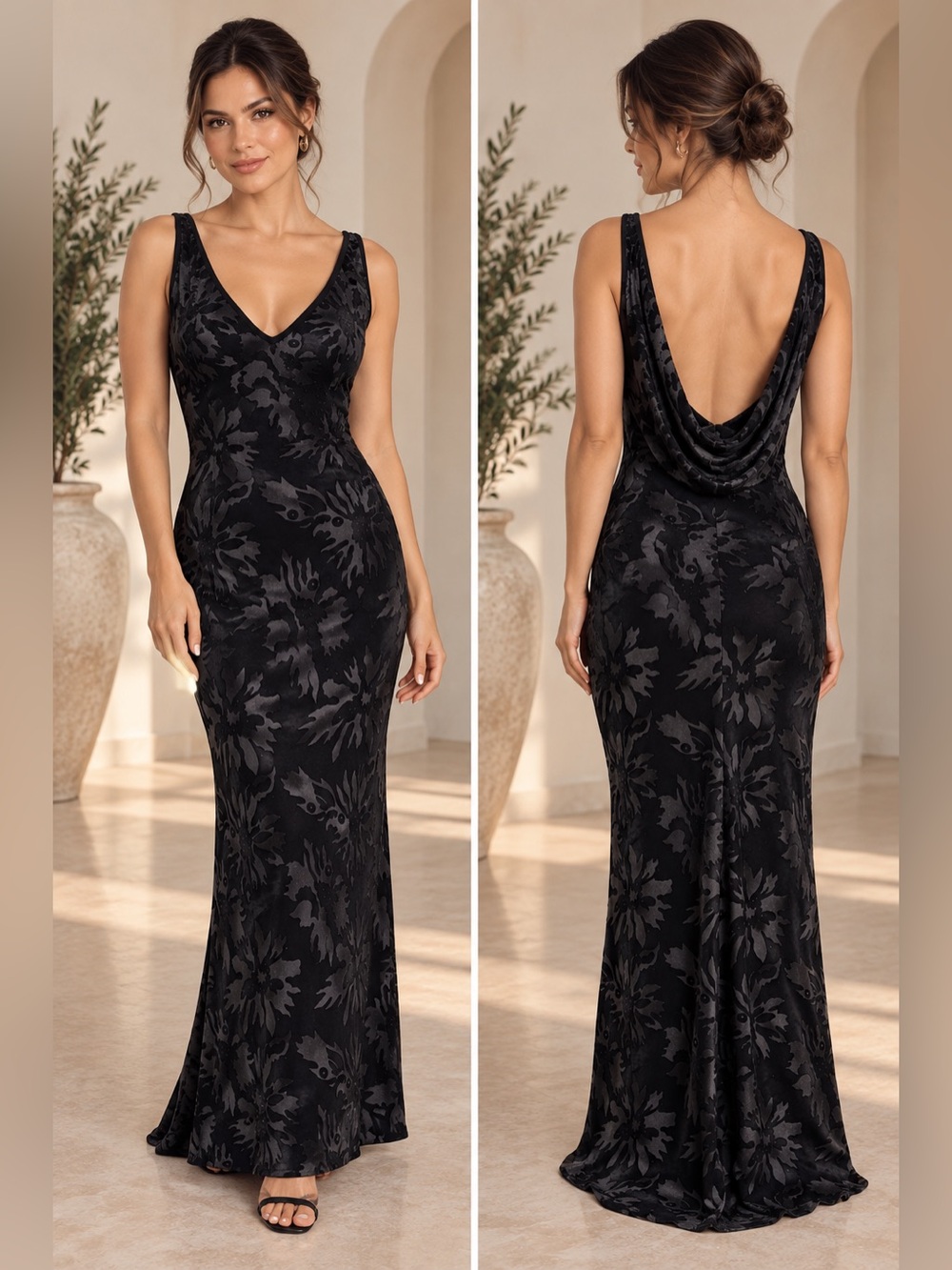 Vintage Tadashi Black Velvet Floral Burnout Cowl Low Back Maxi Gown Dress M